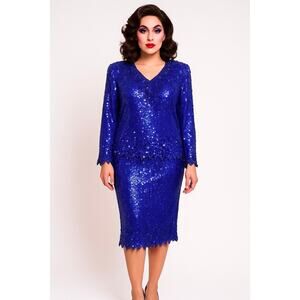 Vintage Stenay Silk Sequin Skirt Blouse Set Purple Blue Size M Gatsby Glam